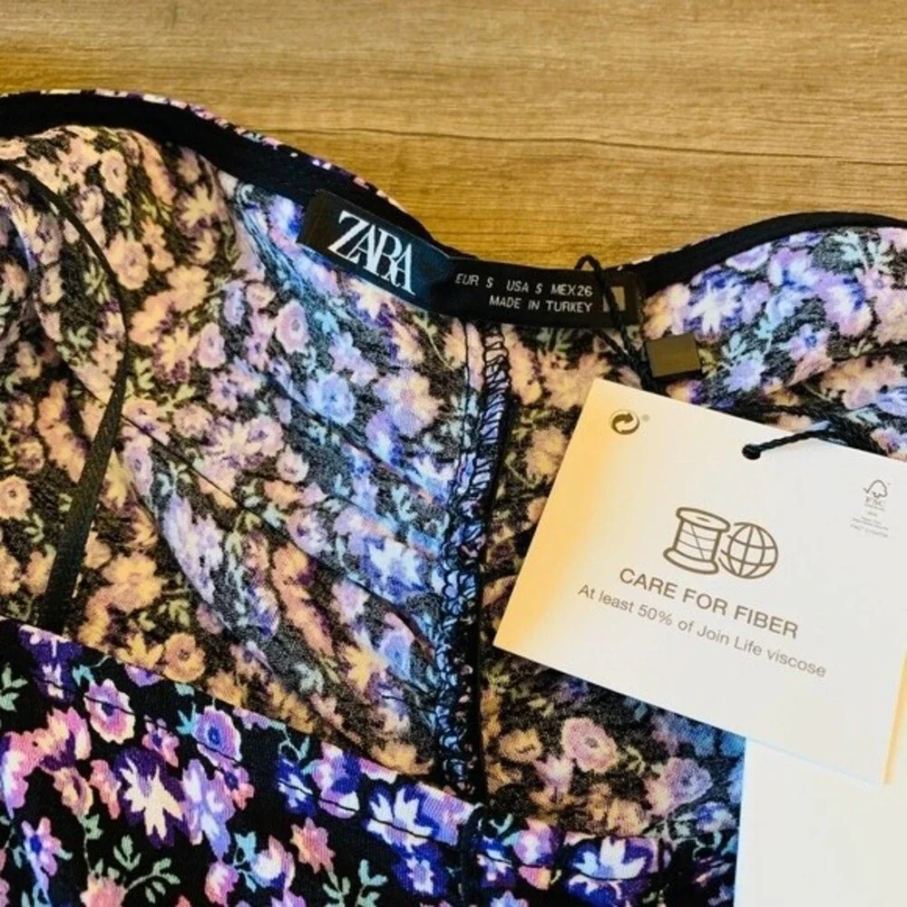 Zara Purple top floral long sleeve front drawstring size S boho bohemian